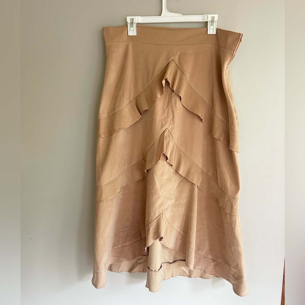 VINTAGE Y2K 90s Brown Sueded Cotton Tiered Ruffle Midi Skirt Boho Western Sz 18 - Picture 3 of 8